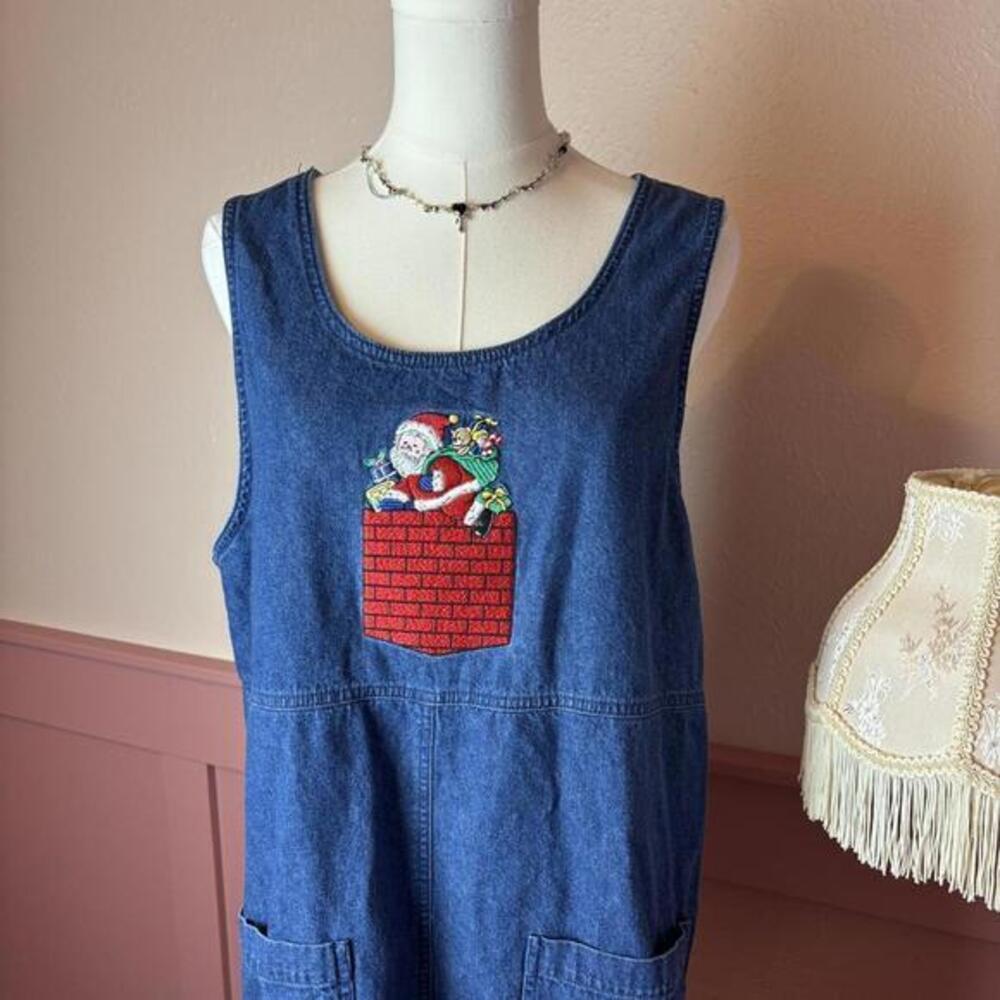 Westbound Vintage 90s Christmas Santa Denim Maxi Dress Novelty Print Blue Cotton